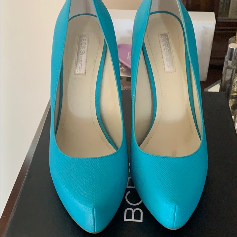 BCBGeneration Teal Snake Heels